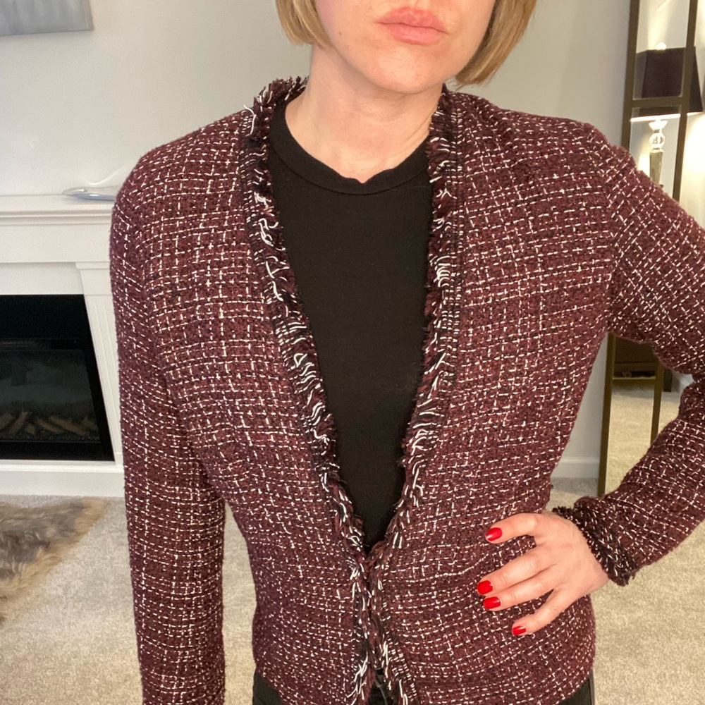 White House Black Market WHBM Burgundy Tweed Jacket Blazer Coat Size 2